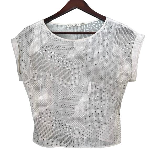 ALICE + OLIVIA Embellished Mesh Blouse White Silver Beaded Sheer Sz Small Bride - Picture 2 of 10